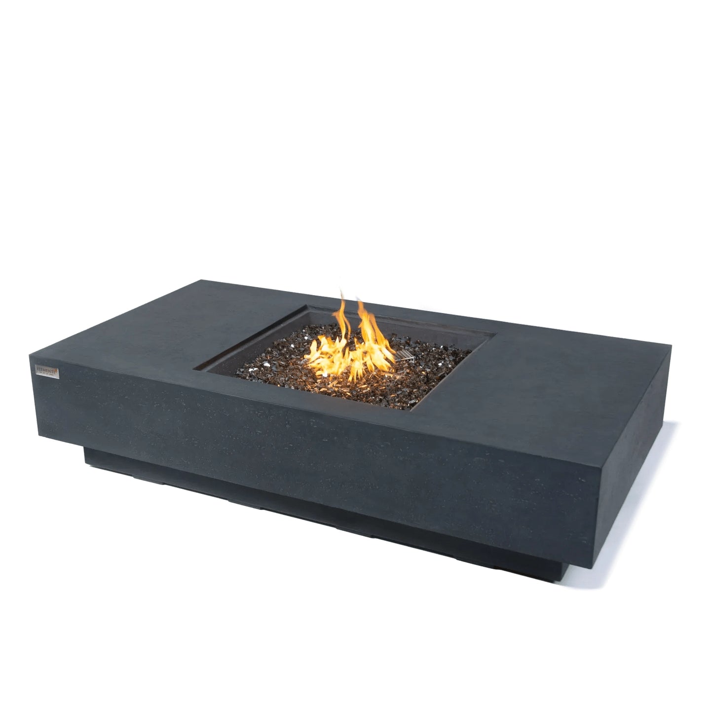 Elementi plus Cannes fire table black concrete with rectangular inset glowing flames and dark glass beads 16 kW