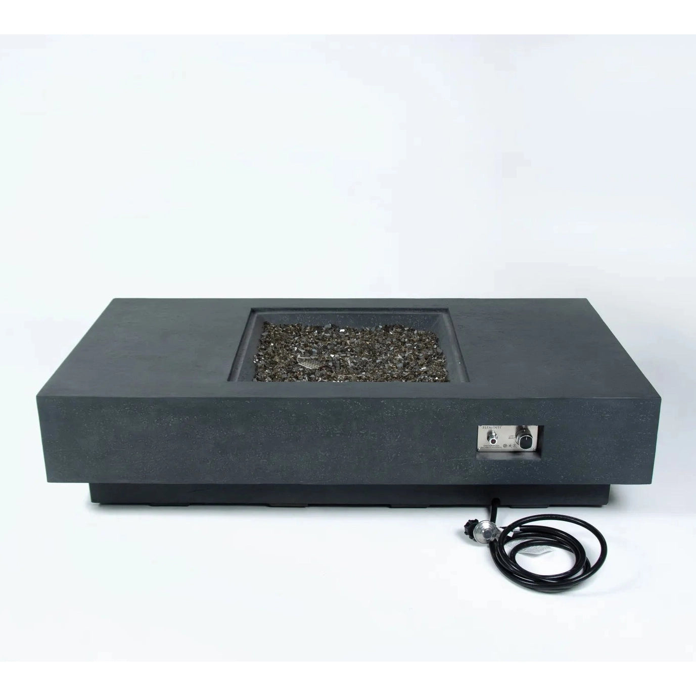Black rectangular elementi plus cannes fire table with recessed glass beads insert and side control panel 16 kw