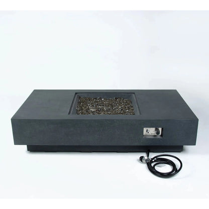 Black rectangular elementi plus cannes fire table with recessed glass beads insert and side control panel 16 kw