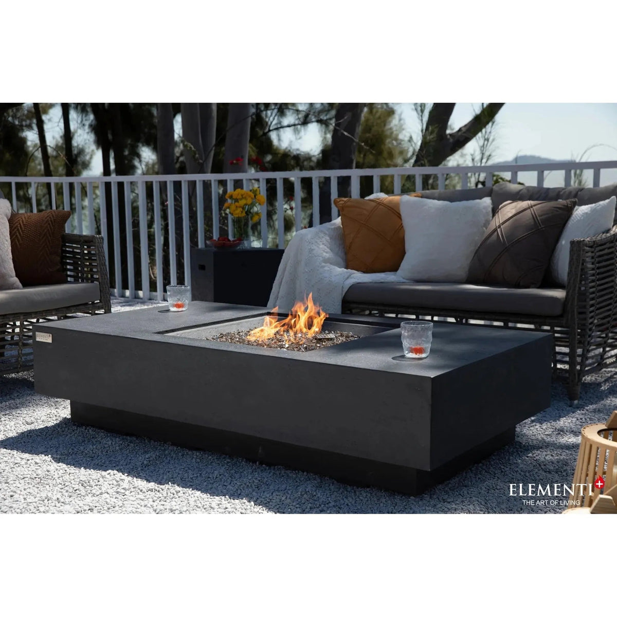 Black rectangular modern fire pit elementi plus cannes fire table with visible flames 16 kw ofg416dg