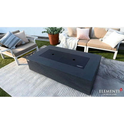Black rectangular fire pit table Elementi Plus Cape Town with sleek modern design and two circular burner openings