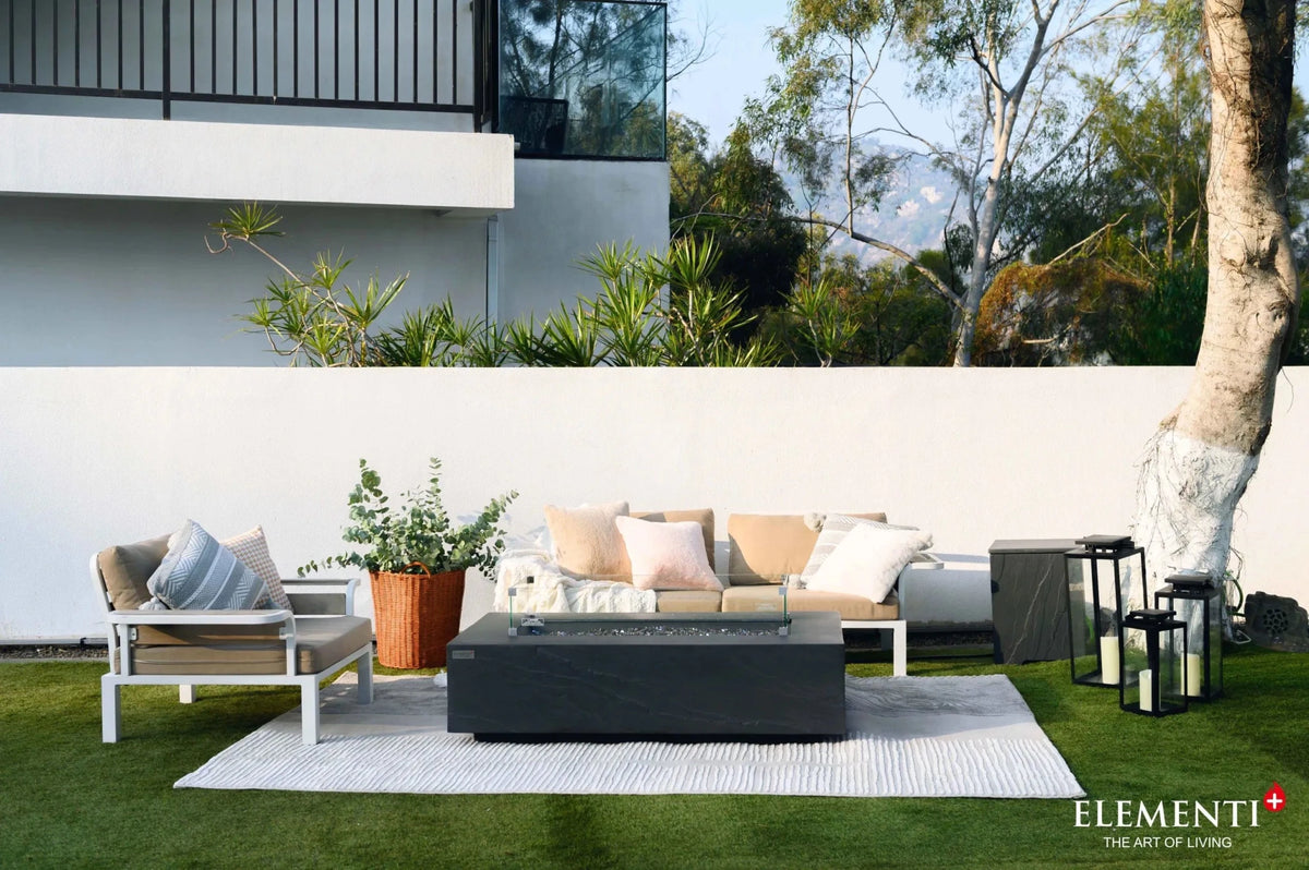 Black rectangular fire pit table with glass top and metal frame elementi plus cape town 16 kW fire table