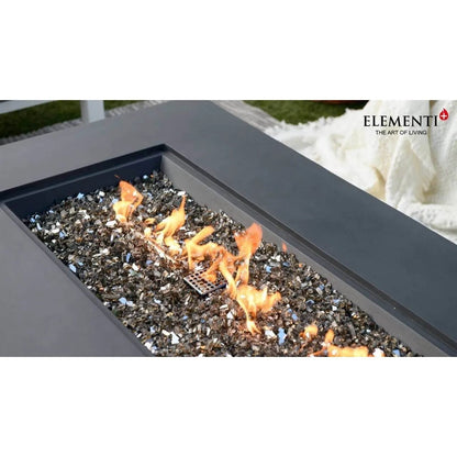 Elementi plus cape town fire table black rectangular fire pit with 16 kw power and glowing orange flames over dark glass shards