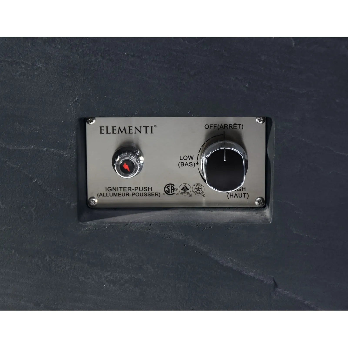 Silver metallic control panel of elementi plus cape town fire table outdoor gas heater with knob and red igniter button