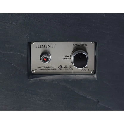 Silver metallic control panel of elementi plus cape town fire table outdoor gas heater with knob and red igniter button