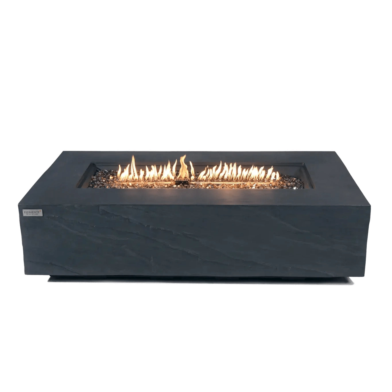 Elementi Plus Cape Town fire table with black rectangular fire pit featuring dark gray glass beads and glowing orange flames