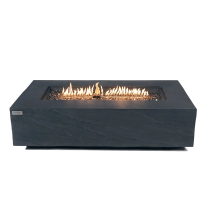 Elementi Plus Cape Town fire table with black rectangular fire pit featuring dark gray glass beads and glowing orange flames