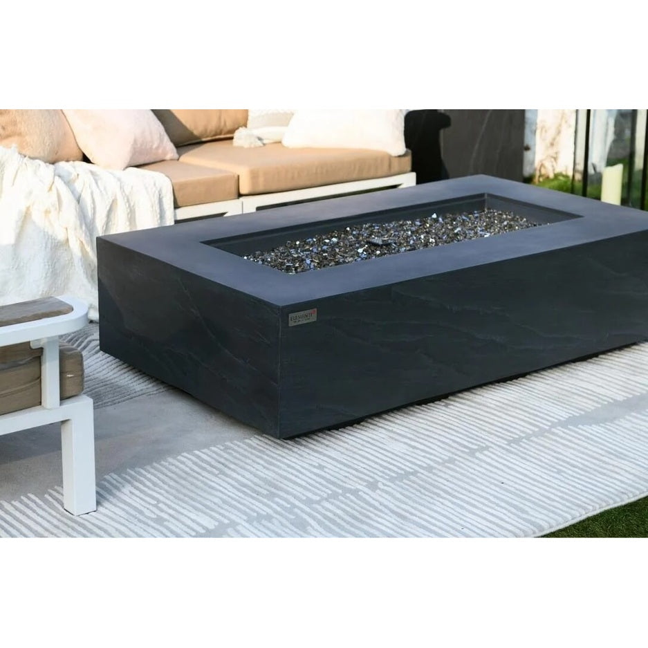 Dark gray rectangular Elementi Plus Cape Town fire table with sleek modern design and embedded glass beads 16 kW