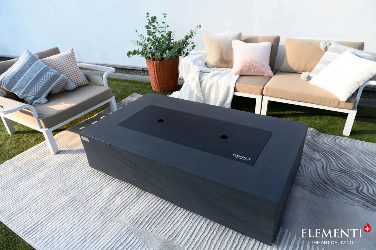 Black rectangular fire pit table with sleek modern design and two circular burners elementi plus cape town 16 kw