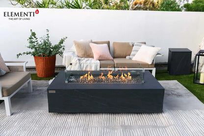 Black rectangular Elementi Plus Cape Town fire table with glass top and visible flames 16 kW OFG410SL