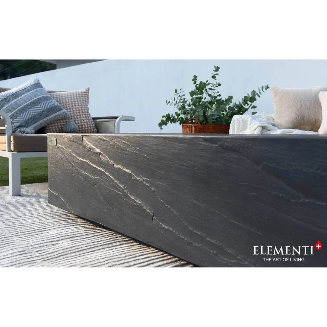Dark gray textured stone coffee table with sleek modern design from Elementi Plus Cape Town fire table 16 kW OFG410SL