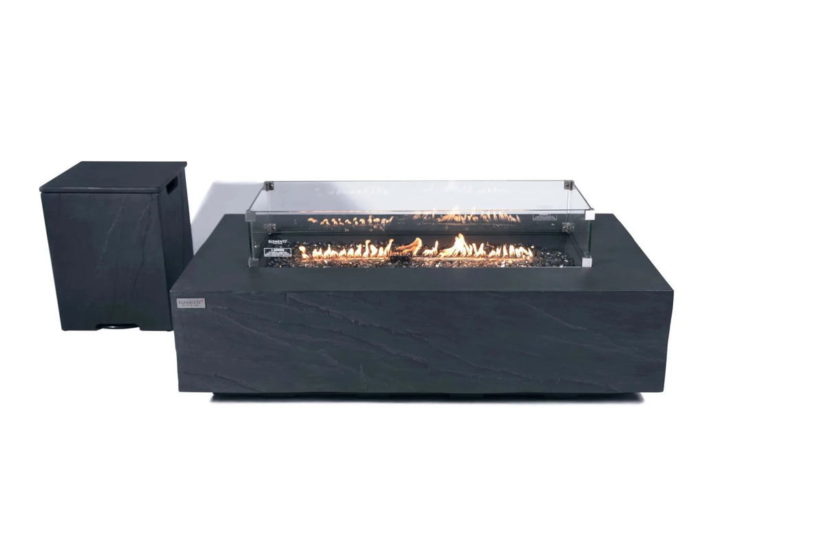 Modern black stone elementi plus cape town fire table with clear glass top and glowing flame 16 kW OFG410SL