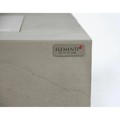 Gray concrete Elementi Plus Capertee fire table with minimalist design and Elementi brand plaque 16 kW OFG411SG