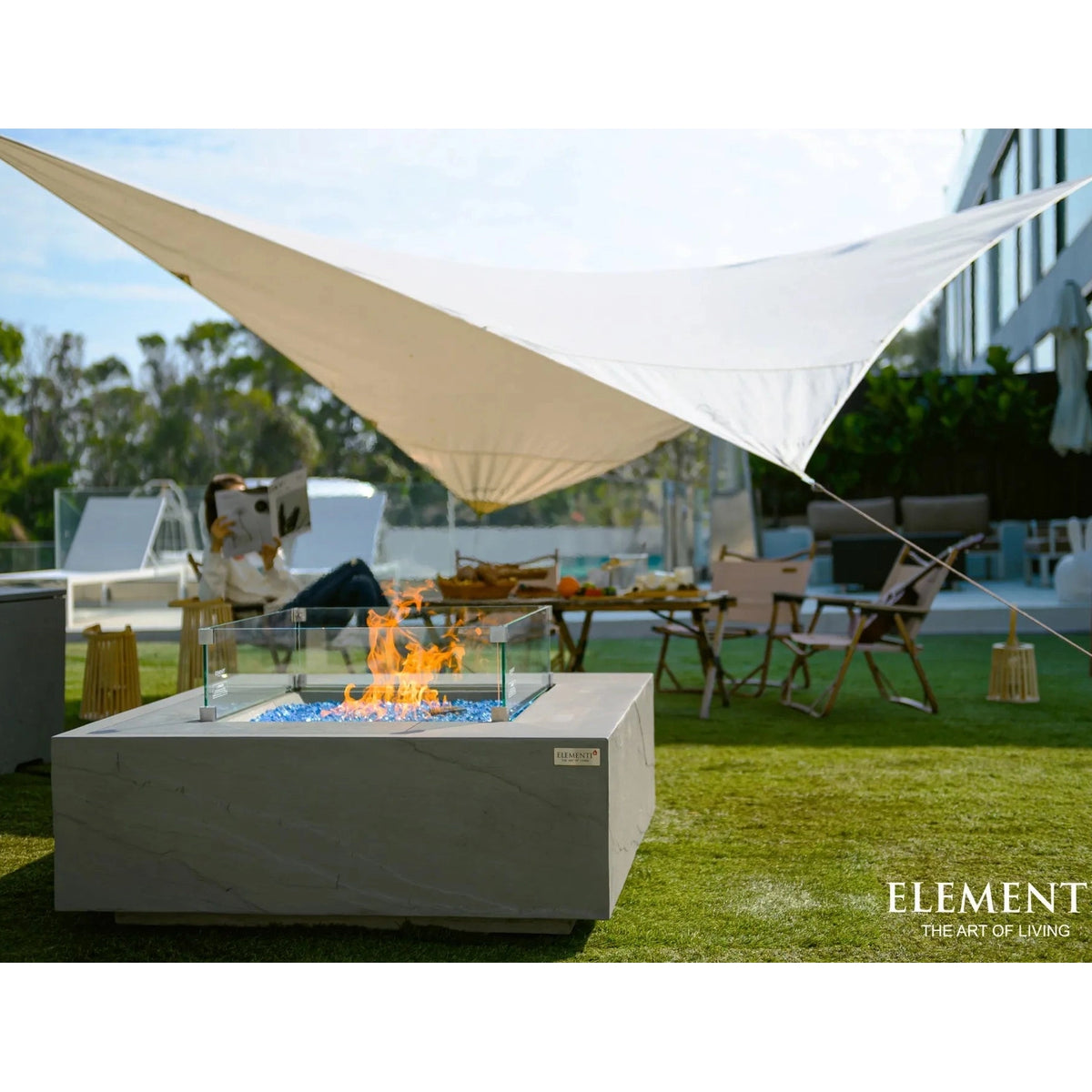 Elementi Plus Capertee fire table white marble fire pit with glass enclosure and blue flame 16 kW model OFG411SG