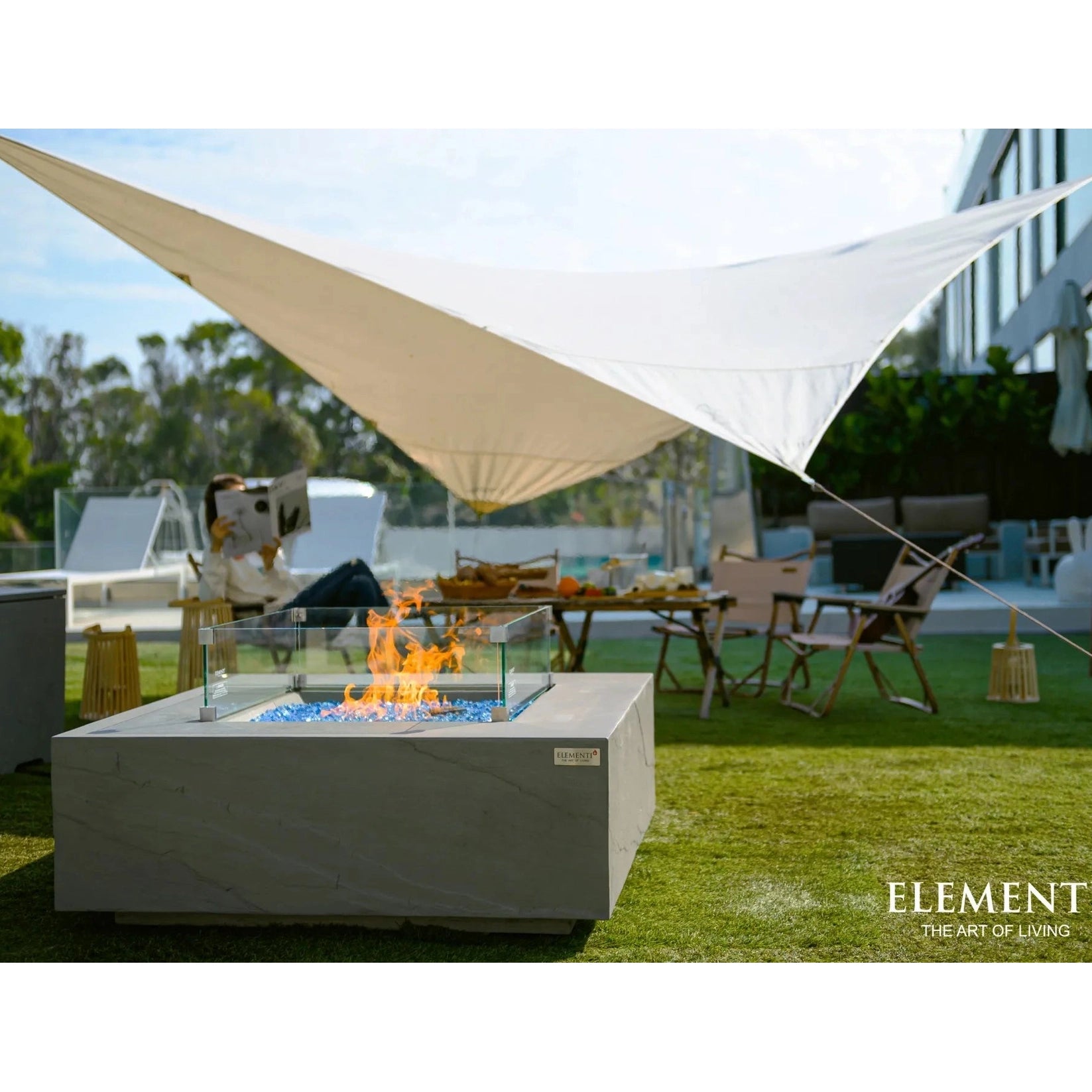 Elementi Plus Capertee fire table white marble fire pit with glass enclosure and blue flame 16 kW model OFG411SG