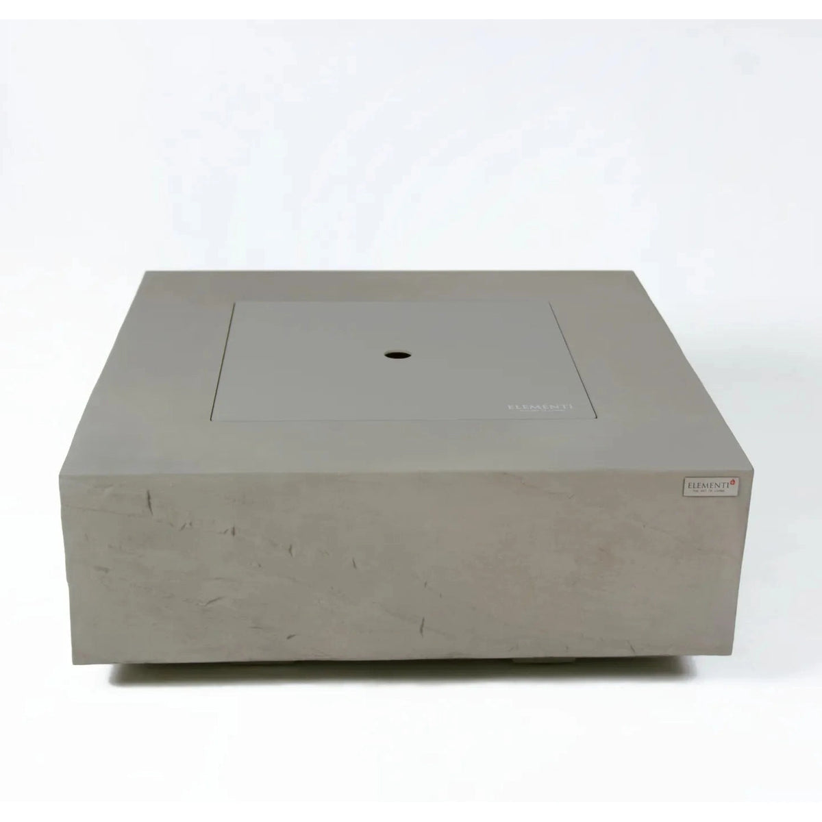 Gray concrete coffee table with square top and recessed center panel from elementi plus capertee fire table series