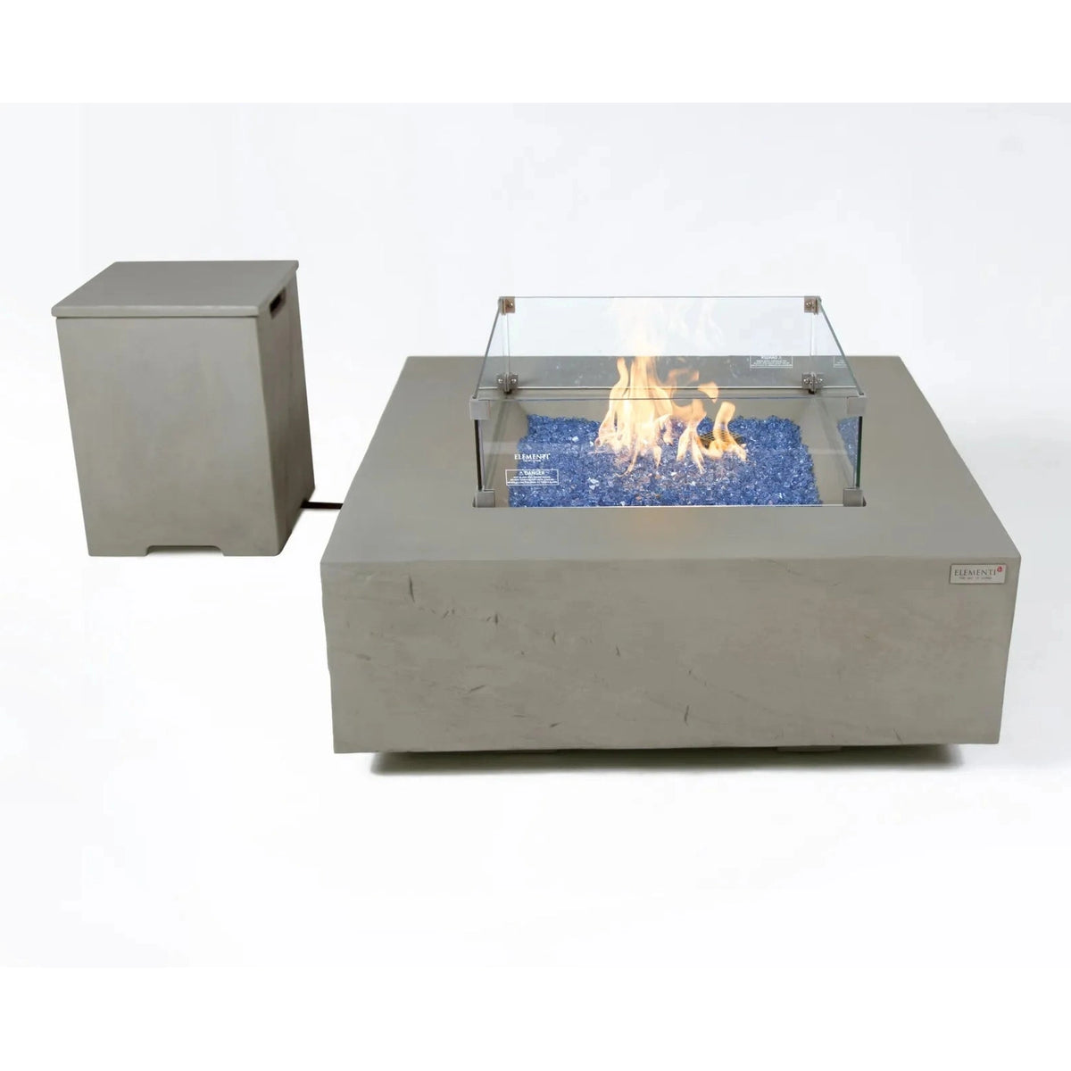 Modern gray concrete elementi plus capertee fire table with glass enclosure and blue flameless decorative stones