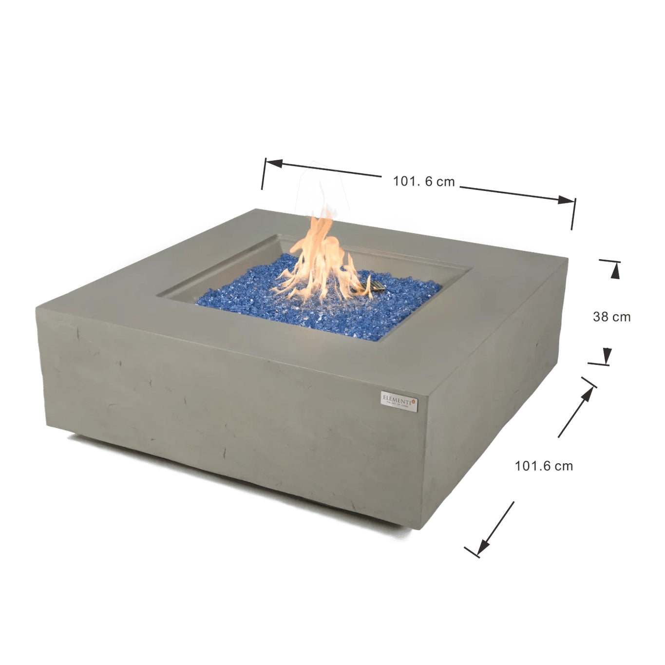 Elementi Plus Capertee fire table 16 kW gray concrete square fire pit with central flame and blue glass beads