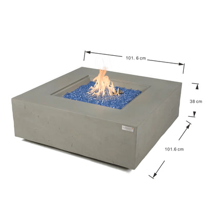 Elementi Plus Capertee fire table 16 kW gray concrete square fire pit with central flame and blue glass beads