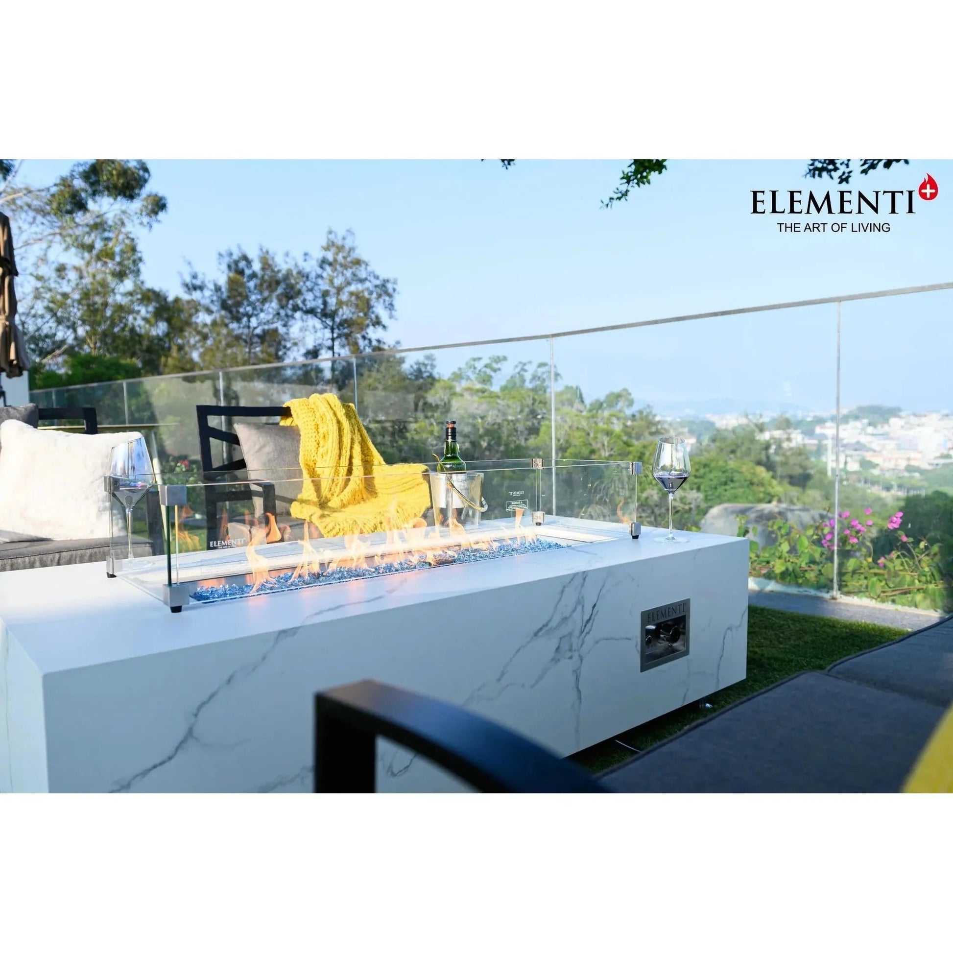 Elementi plus carrara fire table 16 kw white marble-effect fire pit with glass enclosure and blue flame elements