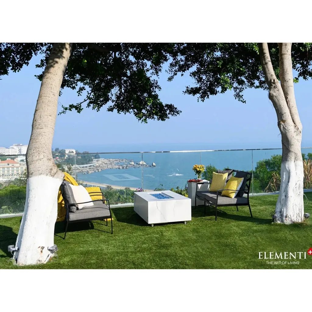 White marble-effect fire pit table with blue mosaic inset elementi plus carrara fire table 16 kw ofp121bw