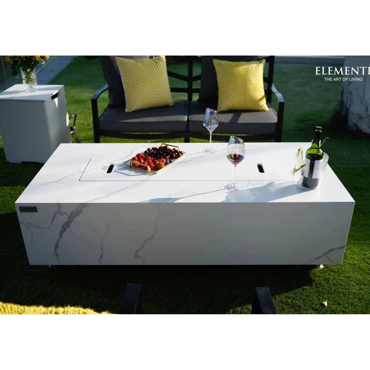 Elementi plus carrara fire table 16 kW white marble-patterned outdoor fire pit with serving tray and wine glass holders