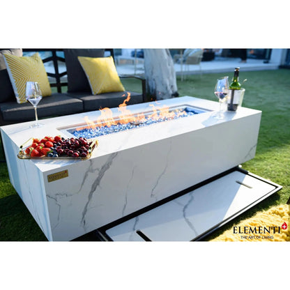 Elementi Plus Carrara fire table with white marble effect and blue glass beads in flame channel 16 kW power
