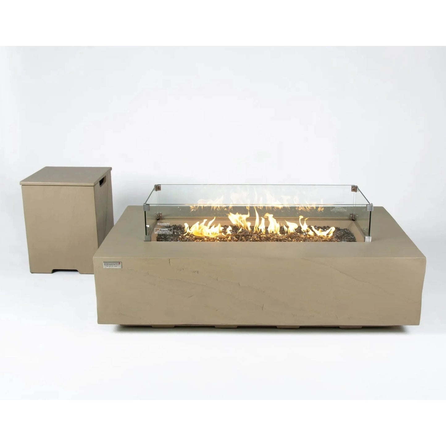 Beige rectangular fire pit with glass front metal frame and modern design elementi plus colorado fire table 16 kW