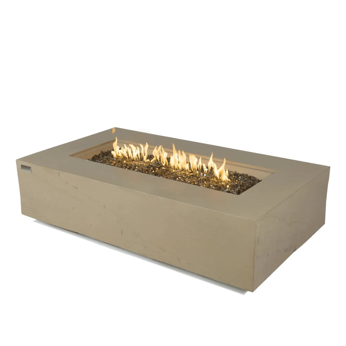 Beige Elementi Plus Colorado fire table with modern rectangular design and glowing flames in dark glass bead channel