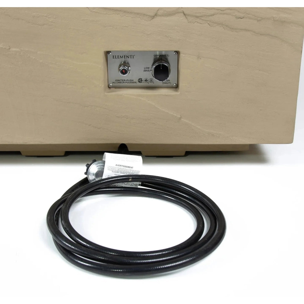 Beige elementi plus colorado fire table with 16 kw gas fireplace stainless steel control panel and black coiled hose