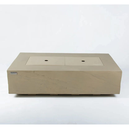 Beige rectangular outdoor fire pit Elementi Plus Colorado Fire Table with two circular openings and 16 kW output