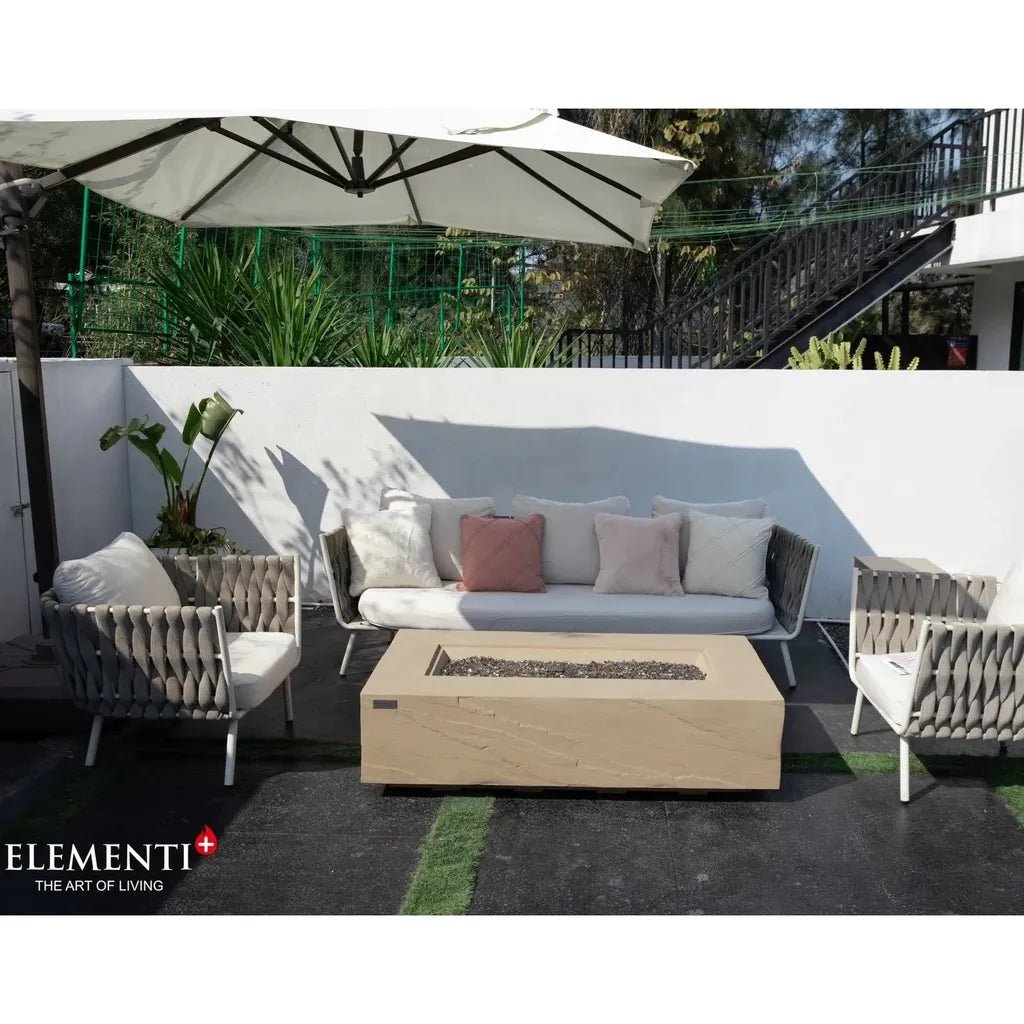 Beige woven wicker outdoor sofa set with light gray cushions and Elementi Plus Colorado 16 kW fire table