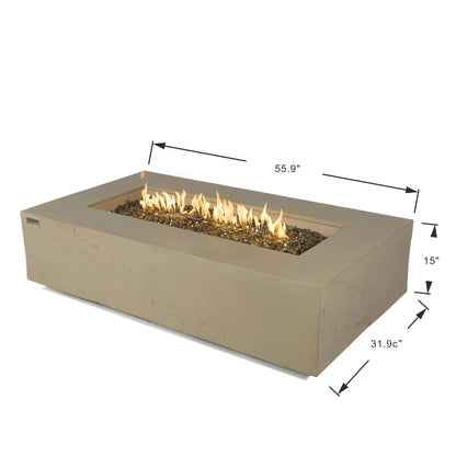 Beige rectangular Elementi Plus Colorado fire table with central flame recess and dark gravel bed 16 kW OFG410SY