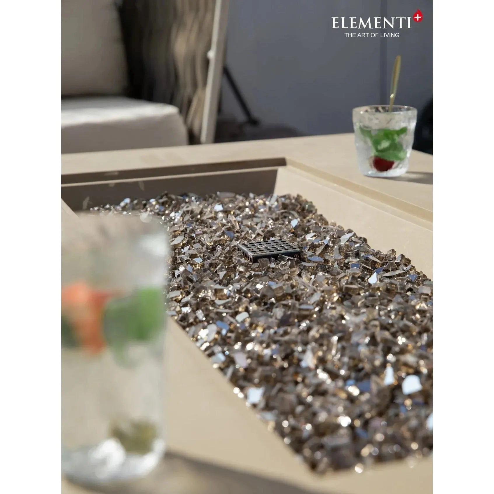 Elementi plus colorado fire table 16 kw with shiny silver mirrored glass fire pit filler and black grid insert