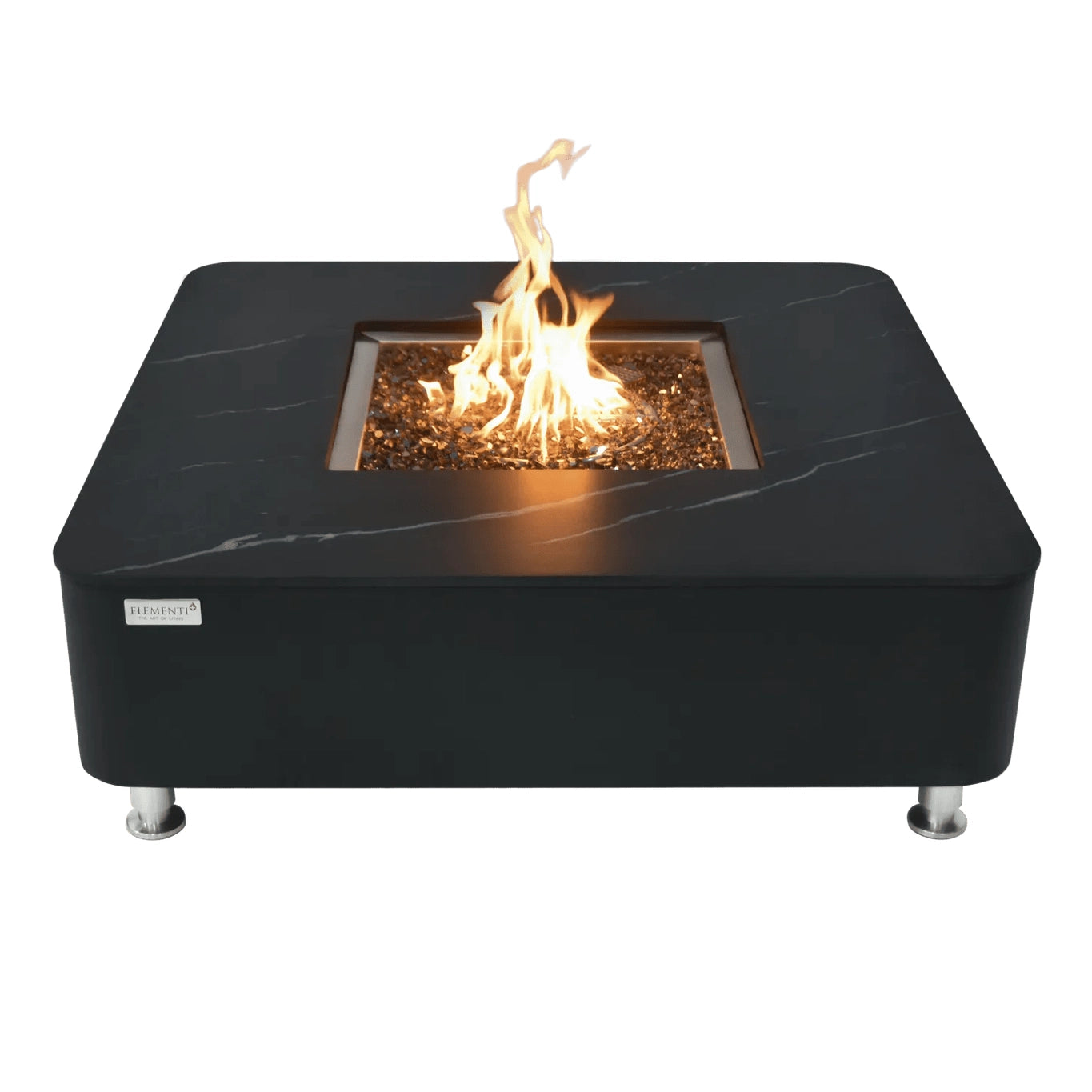 Elementi Plus Copenhagen porcelain top fire table with black marble effect, central flame, and glass beads
