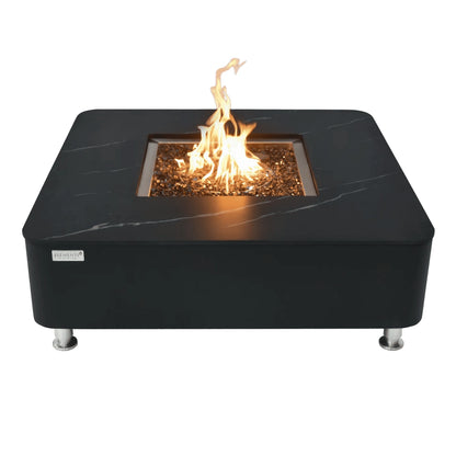 Elementi Plus Copenhagen porcelain top fire table with black marble effect, central flame, and glass beads