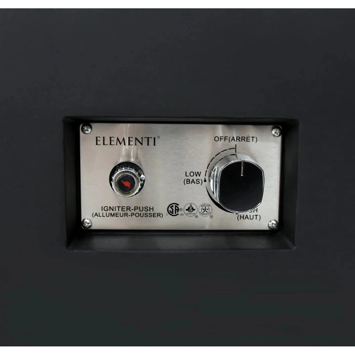 Elementi plus copenhagen porcelain top fire table stainless steel control panel with red ignition button and black dial