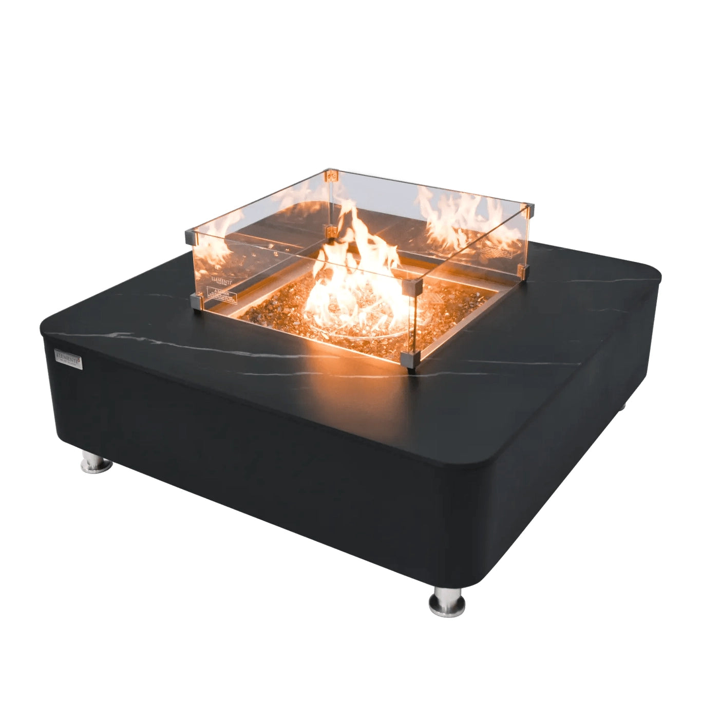 Black marble-effect elementi plus copenhagen porcelain top fire table with glass enclosure and glowing flames over stones