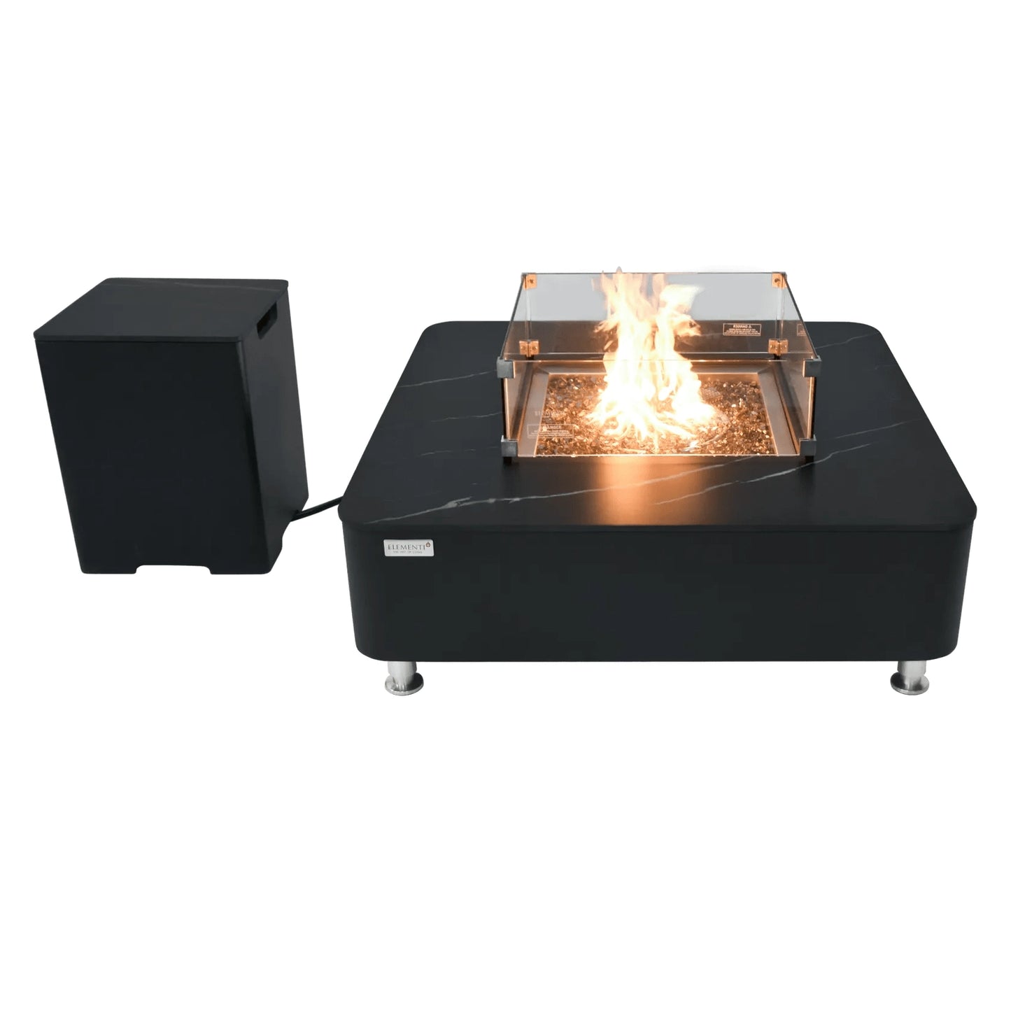 Elementi Plus Copenhagen black marble effect porcelain top fire table with glass enclosure and visible flame