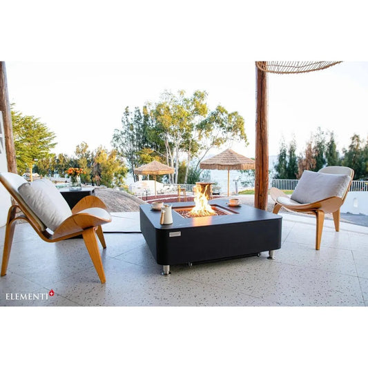 Black rectangular modern fire pit with visible flames porcelain top elementi plus copenhagen 16 kw fire table