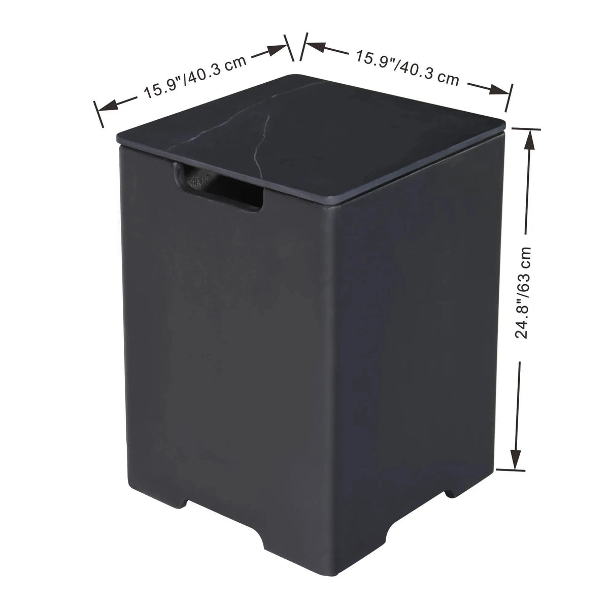 Black Elementi Plus marble porcelain gas bottle cover with subtle veining and matching lid in rectangular shape