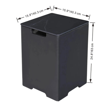 Black Elementi Plus marble porcelain gas bottle cover with subtle veining and matching lid in rectangular shape