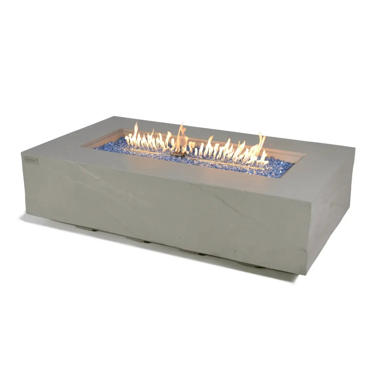 Elementi Plus Meteora fire table gray concrete rectangular fire pit with 16 kW flame over blue glass beads