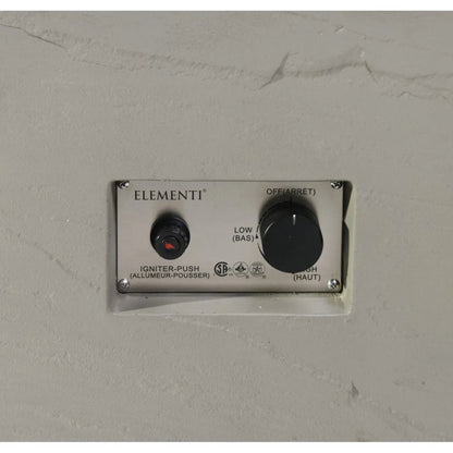 Silver rectangular control panel with black knobs for ignition and heat settings on elementi plus meteora fire table 16 kw