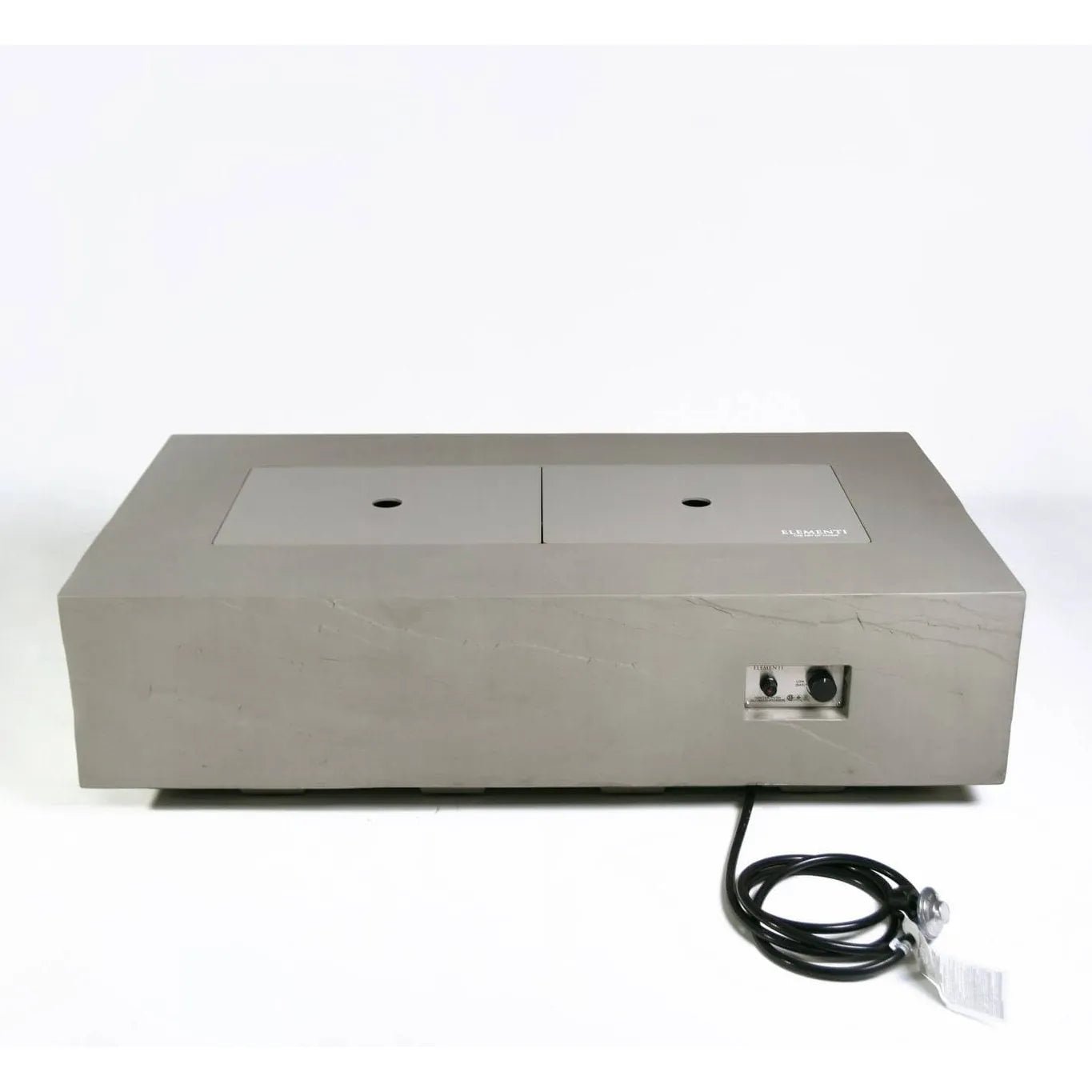 Gray concrete outdoor fire pit Elementi Plus Meteora fire table with two burners and side control panel 16 kW