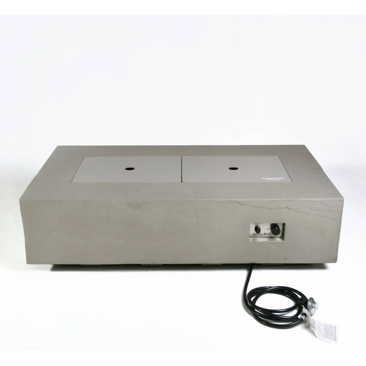 Gray concrete outdoor fire pit Elementi Plus Meteora fire table with two burners and side control panel 16 kW