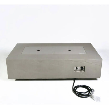 Gray concrete outdoor fire pit Elementi Plus Meteora fire table with two burners and side control panel 16 kW