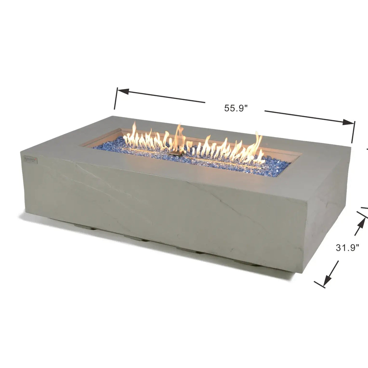 Elementi plus meteora fire table gray concrete rectangular fire pit with glowing flame and blue glass beads