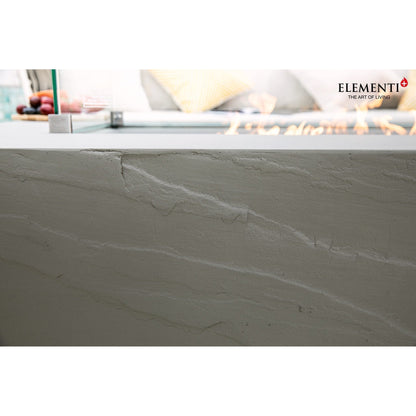 Elementi plus meteora fire table base in gray stone with subtle natural veining and 16 kW heat output