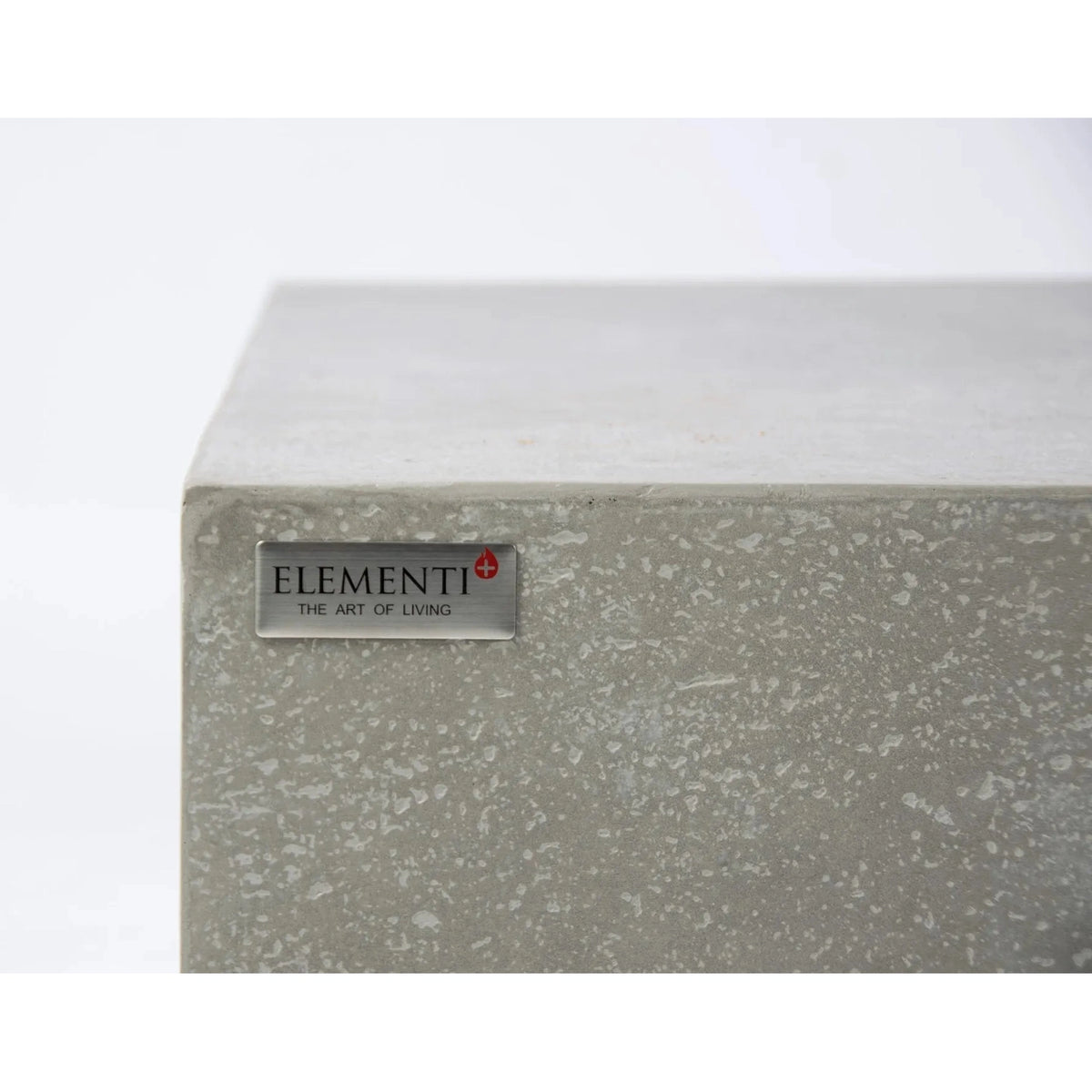Gray speckled concrete Elementi Plus Monte Carlo fire table side table with metallic plaque and element brand name